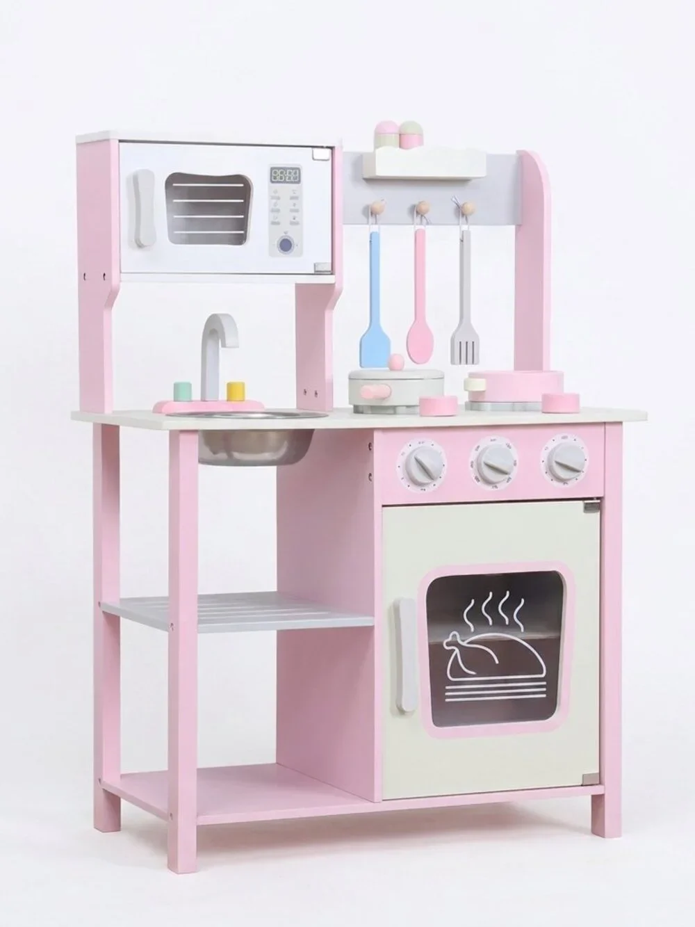 Kids Wooden Play Kitchen Set, Pink Pretend Cooking Toy with Accessories - Picture 4 of 16
